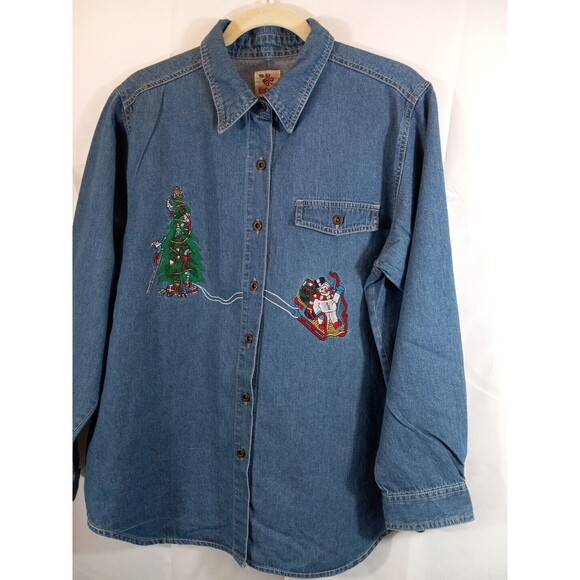 Nut Cracker Womens Christmas Theme Embroidered Long Sleeve Denim Shirt Size L - Picture 2 of 8